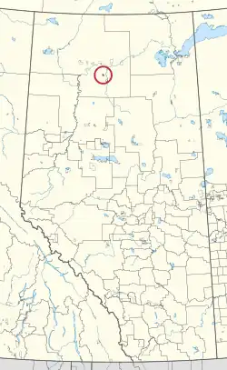 A map of the province of Alberta showing 80 counties and 145 small Indian reserves. One is highlighted with a red circle.