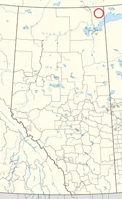 A map of the province of Alberta showing 80 counties and 145 small Indian reserves. One is highlighted with a red circle.