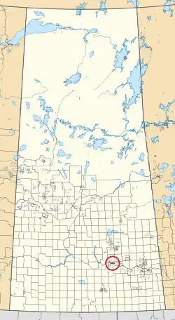 A map of the province of Saskatchewan showing 297 rural municipalities and hundreds of small Indian reserves. One is highlighted with a red circle.