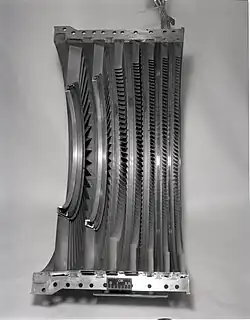 An example of the appearance of minor compressor blade tip rubs on their shrouds.