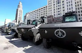 Armored personnel carrier used by the Batalhão de Operações Policiais Especiais (BOPE). The BOPE website states the logo represents victory over death[27] (2018).
