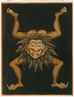 The artistic painting "upside down devil" is traditionally depicted as a monster standing on his hands, hanging on the door of a house to protect its inhabitants from evil influences. I. Dewa Gedé Soberat
