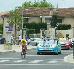 Alberto Contador in the race leader's yellow jersey, during the Stage 3 individual time trial