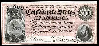 Portrait on the 1864 Confederate $500 banknote; Jackson was the only general featured on Confederate currency[97]