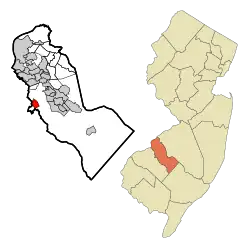 Map of Blackwood CDP in Camden County. Inset: Location of Camden County within New Jersey.