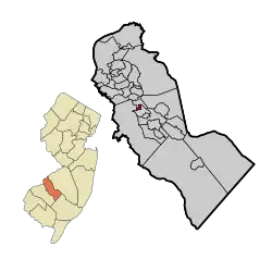 Hi-Nella highlighted in Camden County. Inset: Location of Camden County highlighted in the State of New Jersey.