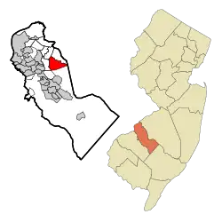 Map of Springdale highlighted within Camden County. Right: Location of Camden County in New Jersey.