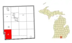 Location within Hillsdale County and the administered villages of Camden (1) and Montgomery (2)