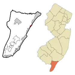 Map of Strathmere highlighted within Cape May County. Right: Location of Cape May County in New Jersey.