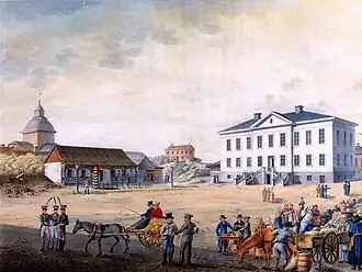 Engel's 1816–1818 watercolor painting of the old square that was located at the southeast part of the current square. On the right is the town hall and on the left the guard house, behind which is the old Ulrika Eleonora church.
