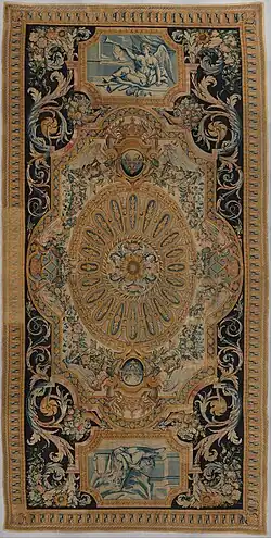 Baroque rosettes on a carpet with fame and fortitude, by the Savonnerie manufactory, 1668–1685, knotted and cut wool pile, woven with about 90 knots per square inch, Metropolitan Museum of Art