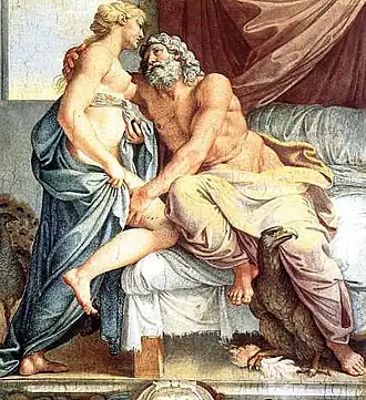 Jupiter and Juno. Painting from the fresco cycle Loves of the Gods. Annibale Carracci and studio. Palazzo Farnese, Rome. 1597 to 1608