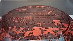 The palace of Chang'e, goddess of the moon, in black over red, 1490s