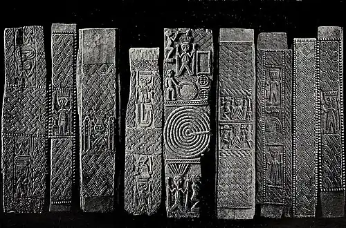 Carved planks and beams obtained from Yoruba Temples.