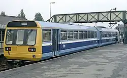 Class 142 in the original British Rail Provincial two-tone blue livery at Castleford in 1987