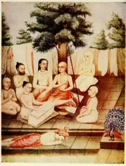 Pratap Rudra bowing to Chaitanya, an early 20th century print copy of a painting held by the family of Maharaja Nandakumar, Zamindars of Kunjaghata