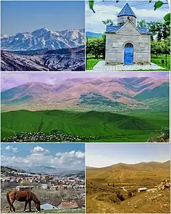 From top left: Khndzorkut Mountain • Chambarak Chapel Chambarak landscape and Mountains Town Panorama • Verin Chambarak