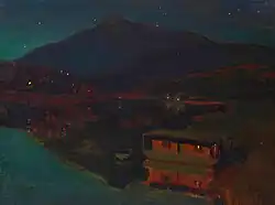 a dark, low contract night scene with house boats on the water, a mountain and starry sky are in the background