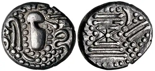 A Chaulukya-Paramara coin, circa 950–1050 CE. Stylized rendition of Chavda dynasty coins: Indo-Sassanian style bust right; pellets and ornaments around / Stylised fire altar; pellets around.[1] of Chaulukya
