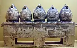 Ancient Greek geometric art funeral gift box in the shape of granaries, 850 BC. On display in the Ancient Agora Museum in Athens, housed in the Stoa of Attalos