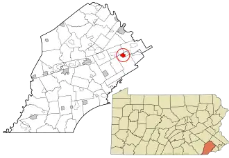Location of Malvern in Chester County, Pennsylvania (left) and of Chester County in Pennsylvania (right)