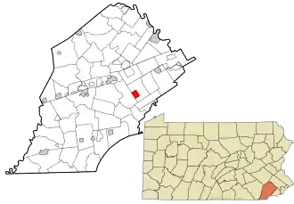 Location of West Chester in Chester County (left) and of Chester County in Pennsylvania (right)