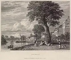 Engraving by George Cooke after William Havell, 1834. Looking upriver; a boat is unloading goods near some small shops.