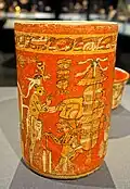 Maya chocolate cup with mythological scene and Mayan glyphs. El Zotz region, Guatemala, 650-800 CE.