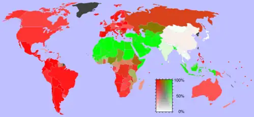 A 2006 map of the relative proportion of Christianity (red) and Islam (green) in each country