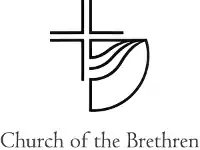 A cross with branches of equal size made up of two parallel lines with the bottom-left corner dovetailing into a wave that connects as part of a circle: The words &quot;Church of the Brethren&quot; are written below.