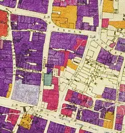 London Blitz bomb damage map, c. 1945 (purple: damaged beyond repair; scarlet: seriously damaged, doubtful if repairable; other colours: lower levels of damage)[10]