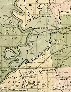 Mississippi River between Vicksburg and Rodney c. 1839 showing major roads and towns north of Natchez