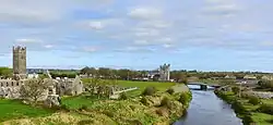 Claregalway's friary (left), castle (centre) and bridge (right)