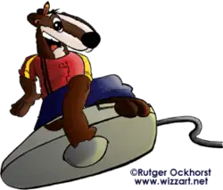 A cartoon badger sitting on a computer mouse.