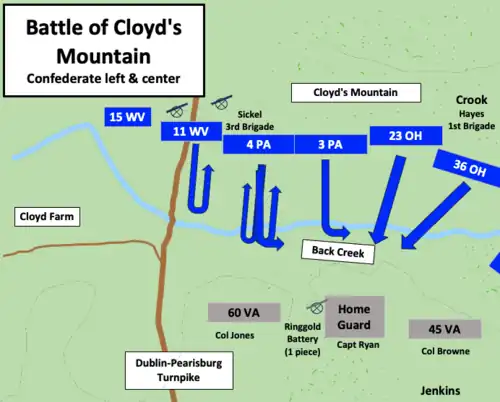 A color map showing the Union and Confederate troop positions (shaded blue and grey respectively) with one Union brigade on the left driven back while the other on the right moves forward