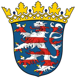 Barry lion in the arms of the German state of Hesse. The state of Thuringia uses a nearly identical coat of arms, both derived from the Ludovingian coat of arms (13th century).