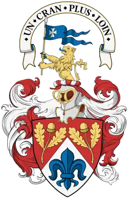 Above the crest is the slogan (see: Slogan (heraldry), most traditional in Scottish heraldry) or the war cry, Arms of Brady Brim-DeForest, Baron of Balvaird