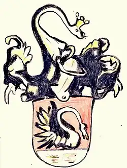 Possible, but bot proven coat of arms Op den Graeff as descendants of Herman op den Graeff (Heraldic representation by Matthias Laurenz Gräff based on the Krefeld Op den Graeff stained glass window from 1630)