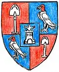 Coat of arms as Lord of Engelenburg. Since 1620, Pieter Dircksz Graeff, as owner of the lordship of Engelenburg, has increased this with a blue Heart shield, charged with a silver castle, from which emerges a rising silver angel with outspread wings.