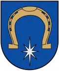 A coat of arms depicting a golden horseshoe hovering over a white, 8-point star all on a blue background bordered by a thin, black line