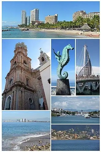 Above, from left to right: Panoramic view of Villa del Palmar, Our Lady of Guadalupe Parish, the Sea Horse Sculpture, the pier, view of the hotel zone from the boardwalk, Marina Vallarta and downtown.
