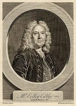 Line engraving of a pudgy late-middle-aged man from the 18th century, wearing a full wig, velvet jacket, waistcoat and cravat, looking through a faux-architectural roundel, above a plinth bearing his name: Mr Colley Cibber, Anno Ætatis 67