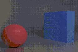 A 3D simulation demonstrating collision with a ball knocking over some blocks.