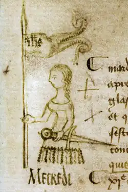 Joan in dress facing left in profile, holding banner in her right hand and sheathed sword in her left.