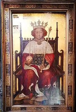 A painting of Richard II, wearing a crown, sitting on a grand chair, and holding an orb and sceptre.