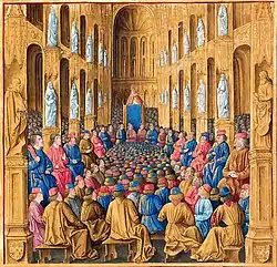 A miniature depicting the interior of large Gothic church, filled with people listening to a man who wears a triara and stands on a pulpit
