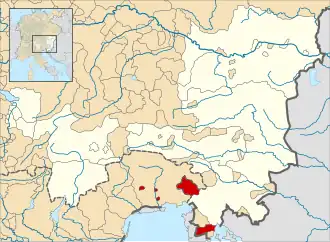 County of Gorizia (red) at the time of the Hohenstaufen Emperors (circa 1250); the highlighted area roughly corresponds with the later Austrian Circle, which is provided for context only.