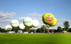 Several white balloons and two yellow balloons taking off from a grassy field.