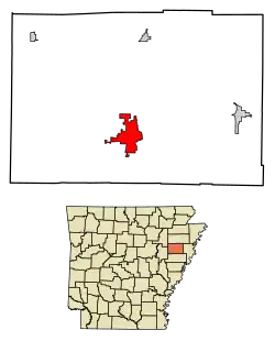 Location of Wynne in Cross County, Arkansas.