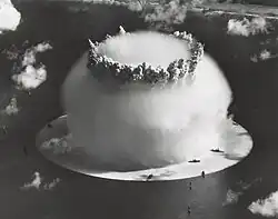 The water column from the 21-kiloton Crossroads Baker test, involving a nuclear underwater explosion, showing a prominent, spherical Wilson cloud